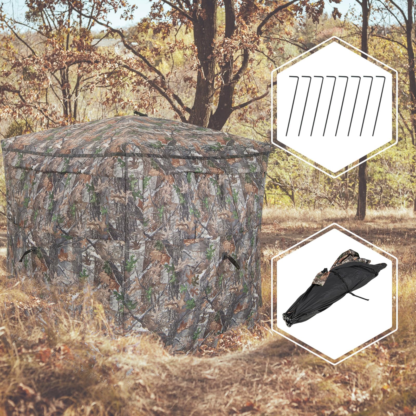 Giantex Ground Blinds for Deer Hunting - Portable Hunting Blind, Camo Tent See Through, 2-3 Person Pop Up Deer Blind with 270 Degree View, 8 Sturdy Ground Stakes, 4 High-Wind Tie-Down Ropes, Carry Bag