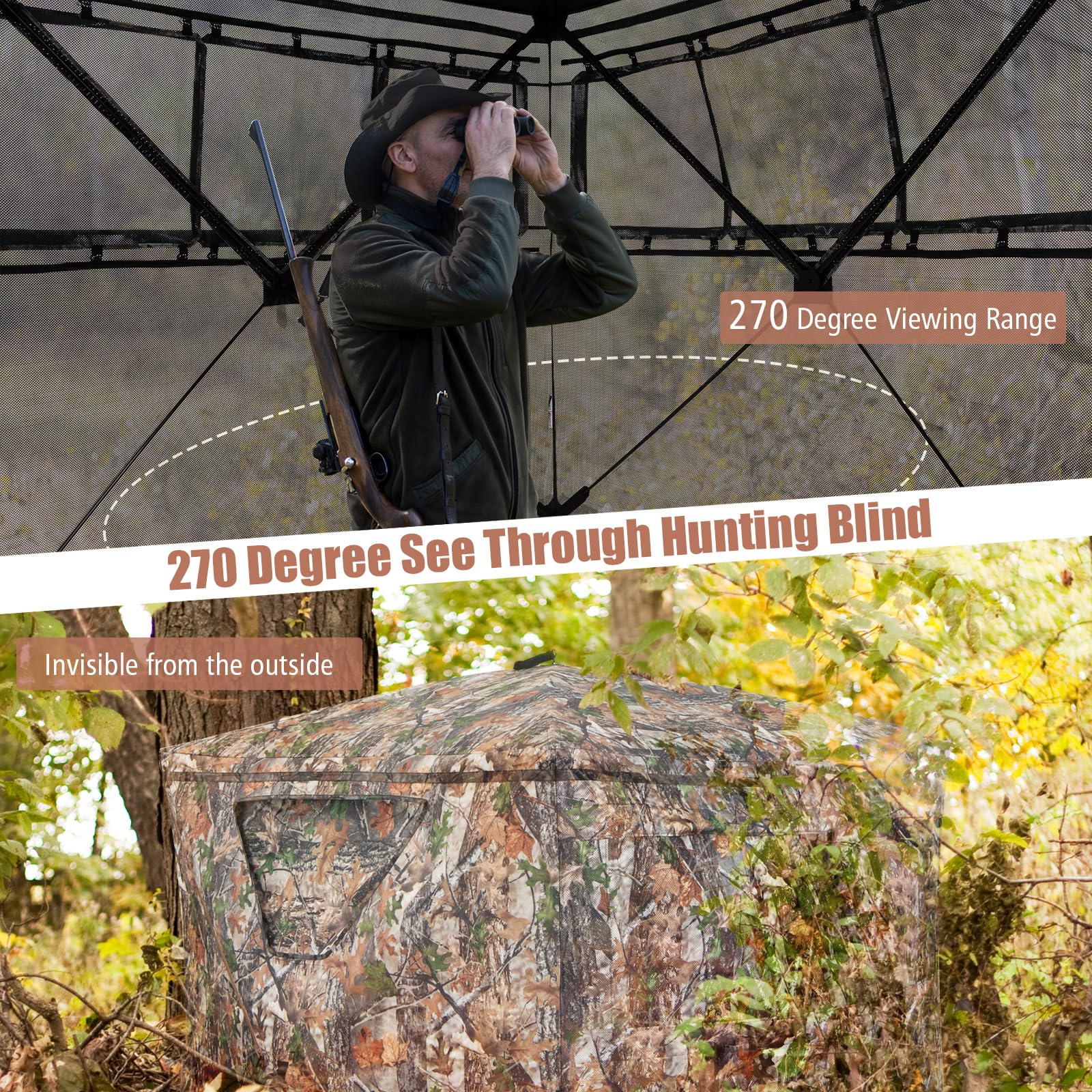 Giantex Ground Blinds for Deer Hunting - Portable Hunting Blind, Camo Tent See Through, 2-3 Person Pop Up Deer Blind with 270 Degree View, 8 Sturdy Ground Stakes, 4 High-Wind Tie-Down Ropes, Carry Bag