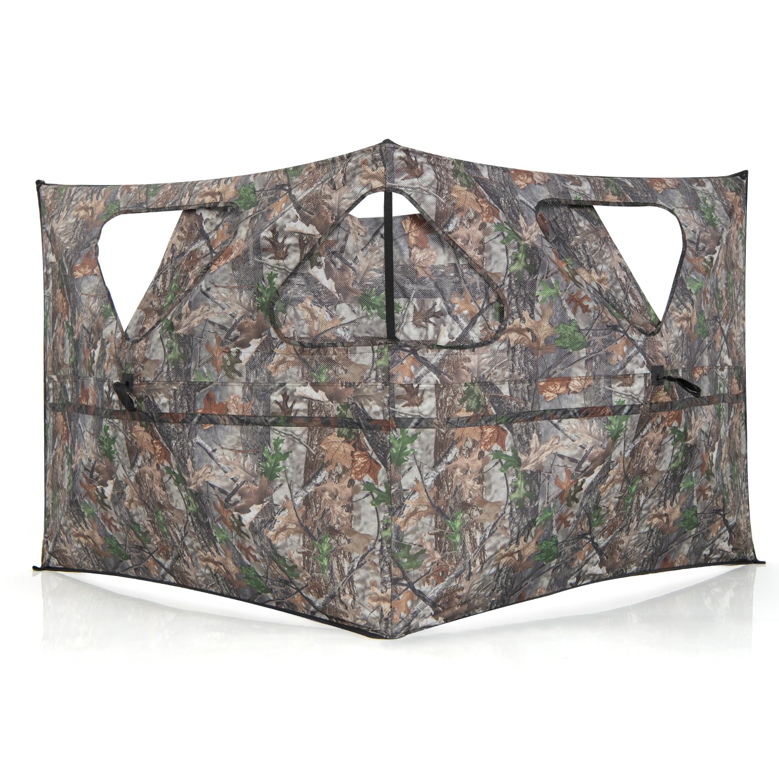 HAPPYGRILL Hunting Blind 2-Panel Pop Up Ground Hunting Blind with 3 Shoot Through Ports, Camo Concealment, Brush-in Loops, High Wind Stability, Easy-Setup Hunting Fence for Deer Turkey