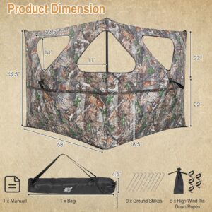 HAPPYGRILL Hunting Blind 2-Panel Pop Up Ground Hunting Blind with 3 Shoot Through Ports, Camo Concealment, Brush-in Loops, High Wind Stability, Easy-Setup Hunting Fence for Deer Turkey