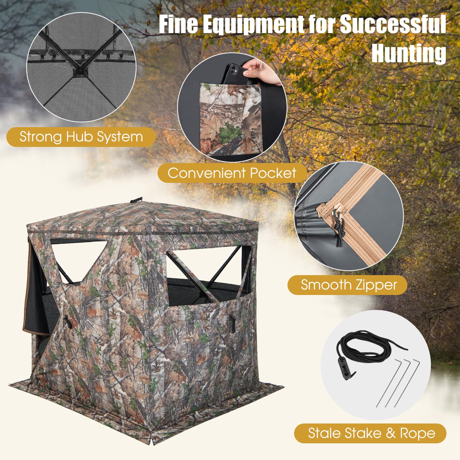 HAPPYGRILL Hunting Ground Blind for 2-3 Person, 270° See Through Hunting Blind with Storage Bag, Panoramic Window, Silent Window Slide, Portable Pop Up Blind Hunting Tent