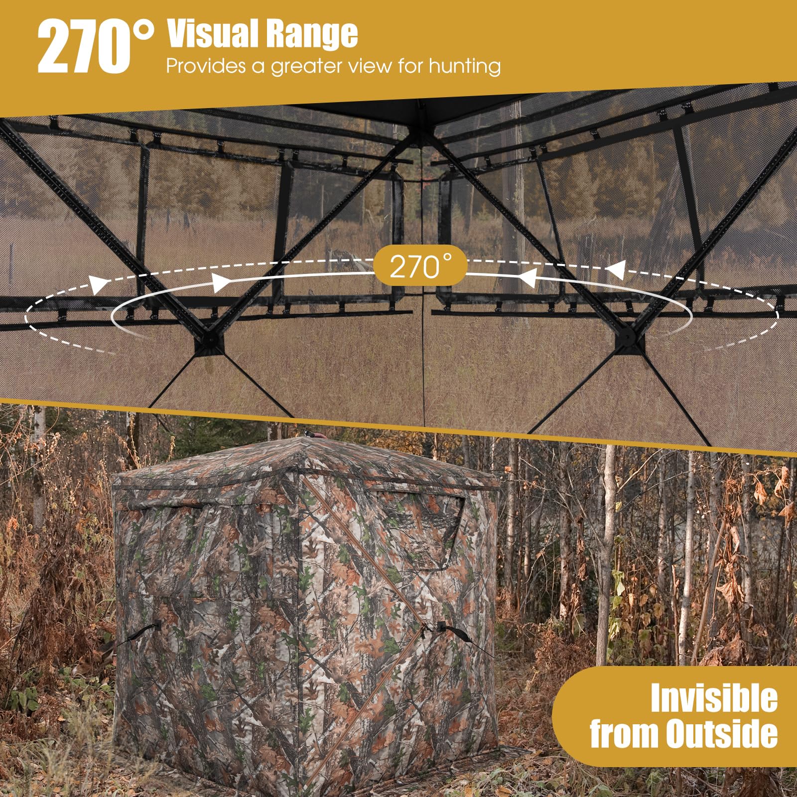 HAPPYGRILL Hunting Ground Blind for 2-3 Person, 270° See Through Hunting Blind with Storage Bag, Panoramic Window, Silent Window Slide, Portable Pop Up Blind Hunting Tent