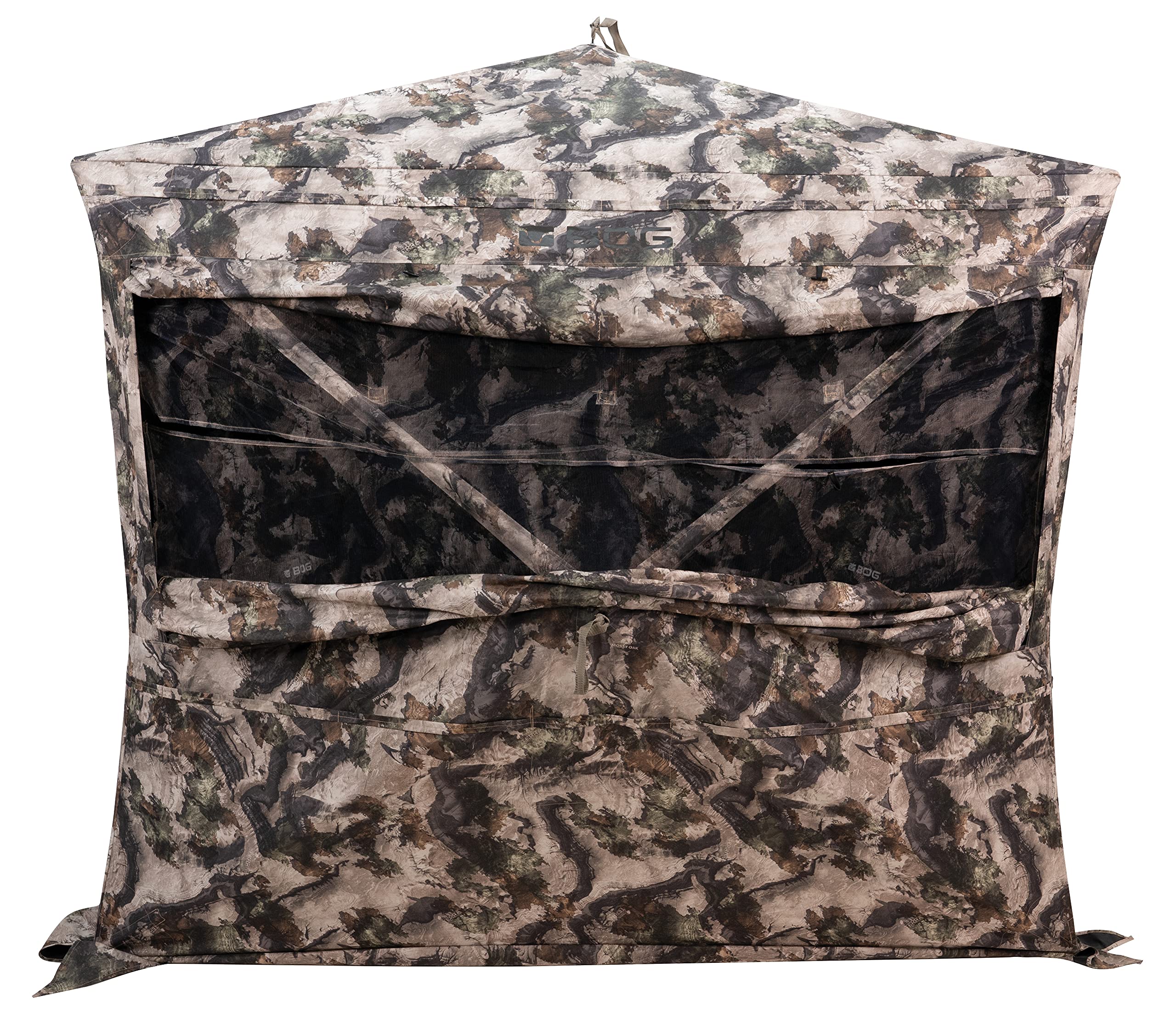 BOG Grave Digger Standing Height Ground Blind Mossy Oak with StealthZip Silent Zippers, StealthTrac Silent Windows, Water Resistant 600D Fabric, and Hub Construction for Hunting, Shooting, and Outdoor