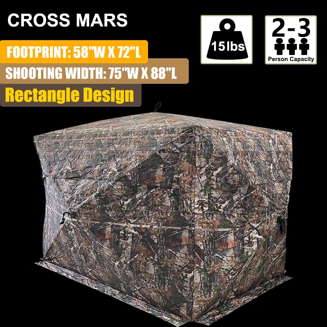 CROSS MARS Full Open Door 2-3 Person 360 Degree See Through Ground Hunting Blind Camouflage Pop Up Duck Turkey Deer Hunting Blinds Tent