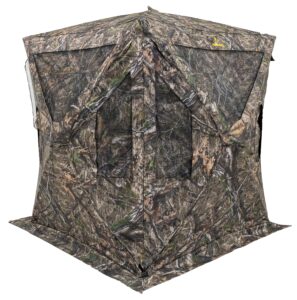 browning evade tent hunting blind featuring 180 degree windows with shoot through mesh and silent open, silent magnetic door system, and brush loops, mossy oak country dna