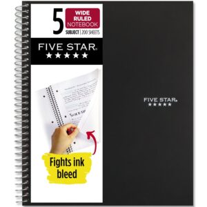 five star spiral notebook, 5 subject, wide ruled paper, fights ink bleed, water resistant cover, 8" x 10-1/2", 200 sheets, black (72045)