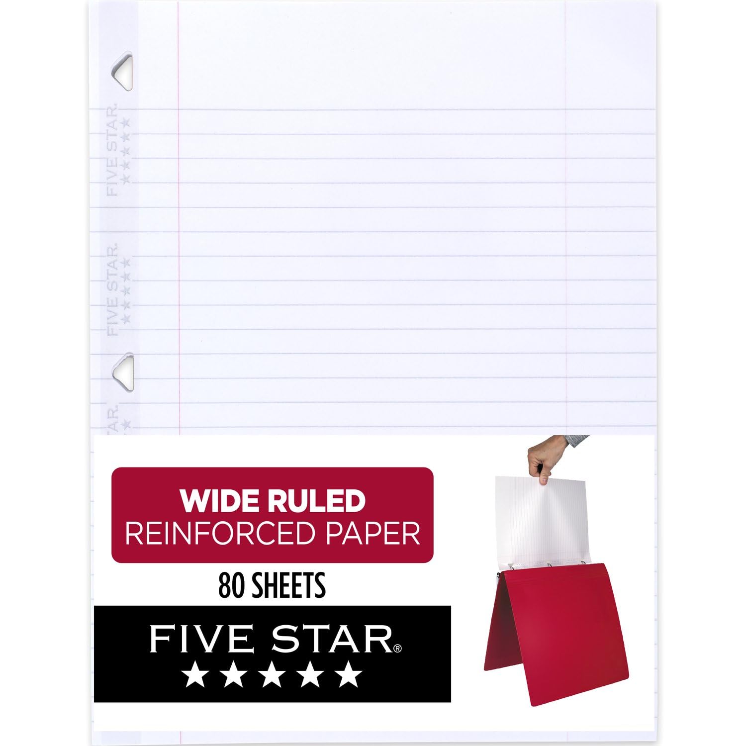 Five Star Loose Leaf Paper, Notebook Paper, Wide Ruled Filler Paper, Reinforced, Fights Ink Bleed, 8 x 10.5, 80 Sheets (150002-23), White