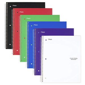 Five Star Spiral Notebooks, 5 Subject, Wide Ruled Paper, 200 Sheets, 10-1/2" x 8", Assorted Colors, 6 Pack (38417)