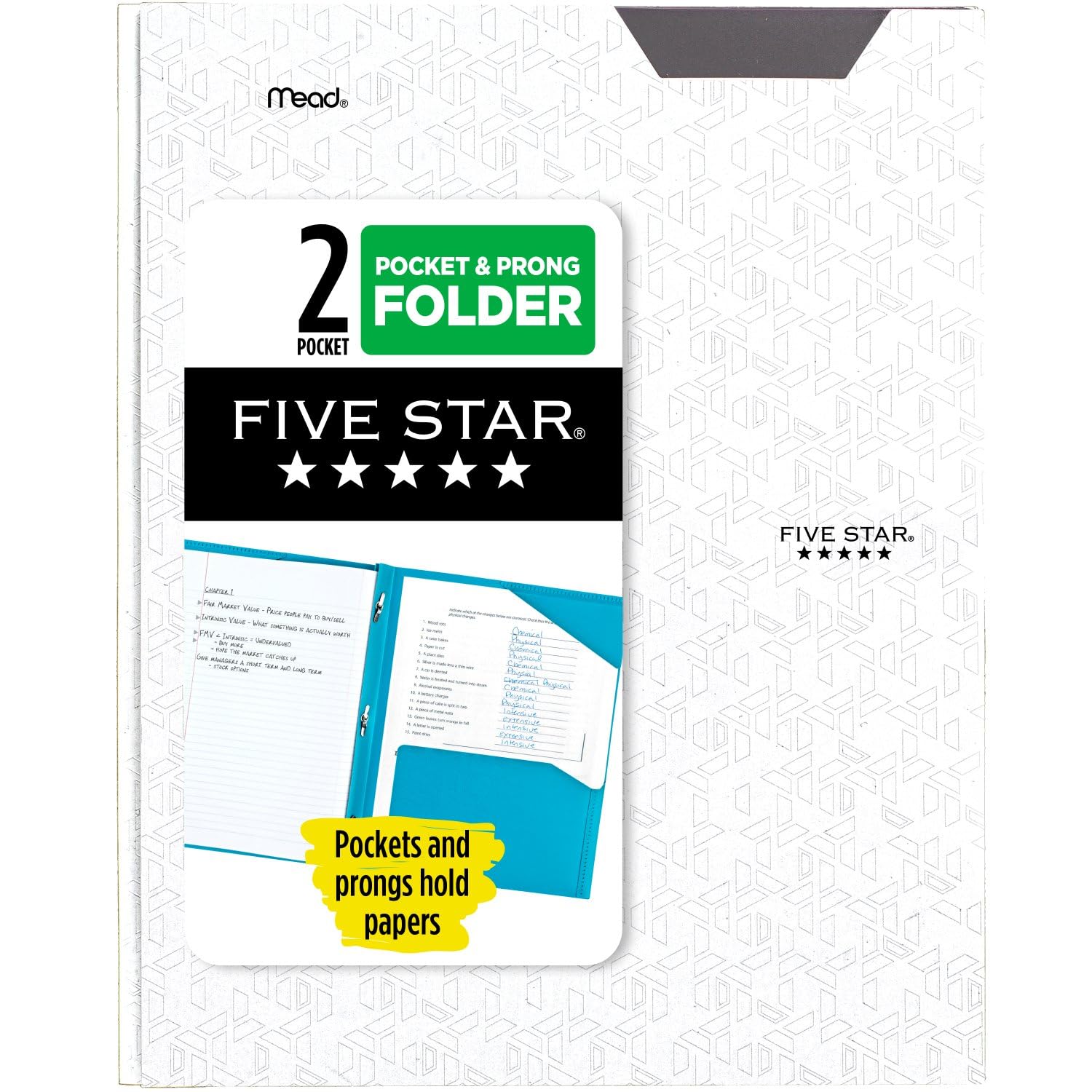 Five Star 2 Pocket Folder, Stay-Put Folder, Plastic Colored Folders with Pockets & Prong Fasteners for 3-Ring Binders, 8-1/2" x 11", White (72494)