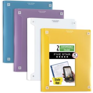 Five Star Pocket Folder + Study App, 4 Pack, 2 Pocket Folder with Prong Fasteners, Customizable Cover, White, Amethyst Purple, Harvest Yellow, Tidewater Blue (340220B-ECM)