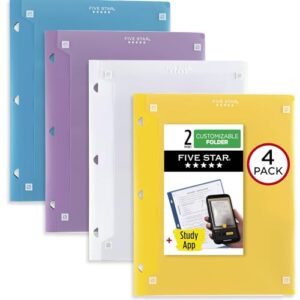 Five Star Pocket Folder + Study App, 4 Pack, 2 Pocket Folder, Customizable Cover, Fits 3 Ring Binder, White, Amethyst Purple, Harvest Yellow, Tidewater Blue (330092B-ECM)