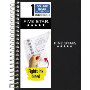 Five Star Personal Spiral Notebook, 1 Subject, College Ruled Paper, 7" x 4-3/8", Small Size, 100 Sheets, Black (73969)