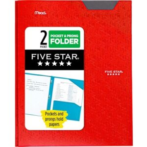 five star 2 pocket folder, stay-put folder, plastic colored folders with pockets & prong fasteners for 3-ring binders, 8-1/2” x 11", fire red (72109)