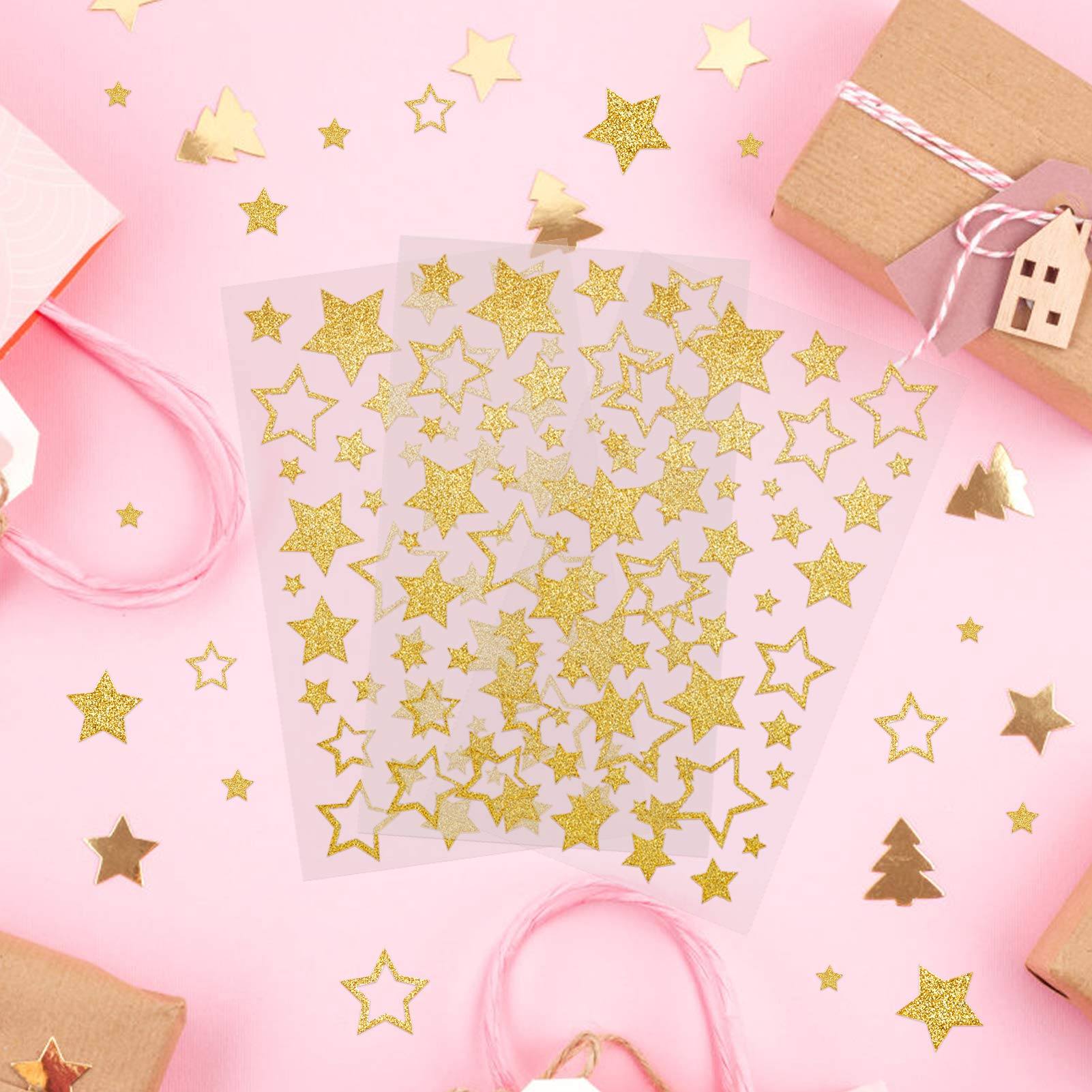 KESOTE 5 Sheets Glitter Gold Star Stickers, Self-Adhesive Assorted Star Labels for Handicrafts Christmas Decoration, Classroom Teacher Supplies