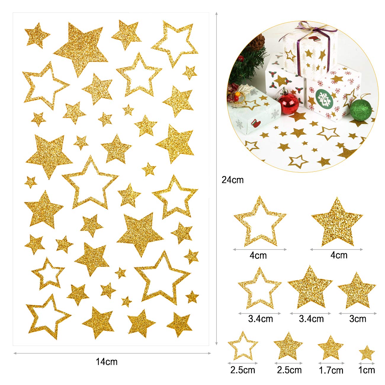 KESOTE 5 Sheets Glitter Gold Star Stickers, Self-Adhesive Assorted Star Labels for Handicrafts Christmas Decoration, Classroom Teacher Supplies