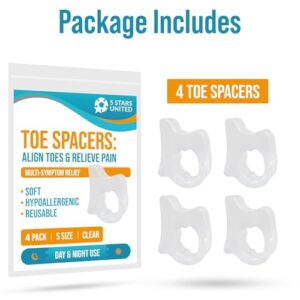 5 STARS UNITED Toe Spacers for Men and Women – 4 Gel Pinky Toe Separators for Curled and Overlapping Toes, Bunions, Hammer Toe Straightener, Little Toe Spreader