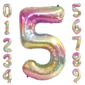 number balloon, number 5 balloon, 5 balloon 40 inch, stars rainbow gradient number balloons, 5 balloon number, 5th birthday decorations for girls large colorful number foil helium balloons