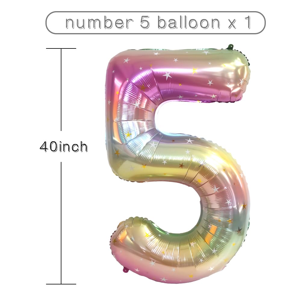 Number Balloon, Number 5 Balloon, 5 Balloon 40 Inch, Stars Rainbow Gradient Number Balloons, 5 Balloon Number, 5th Birthday Decorations for Girls Large Colorful Number Foil Helium Balloons