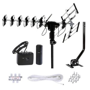 five star outdoor antenna hd tv up to 200 miles range with motorized 360 degree rotation, uhf/vhf/fm radio with infrared remote control advanced design with installation kit & jpole