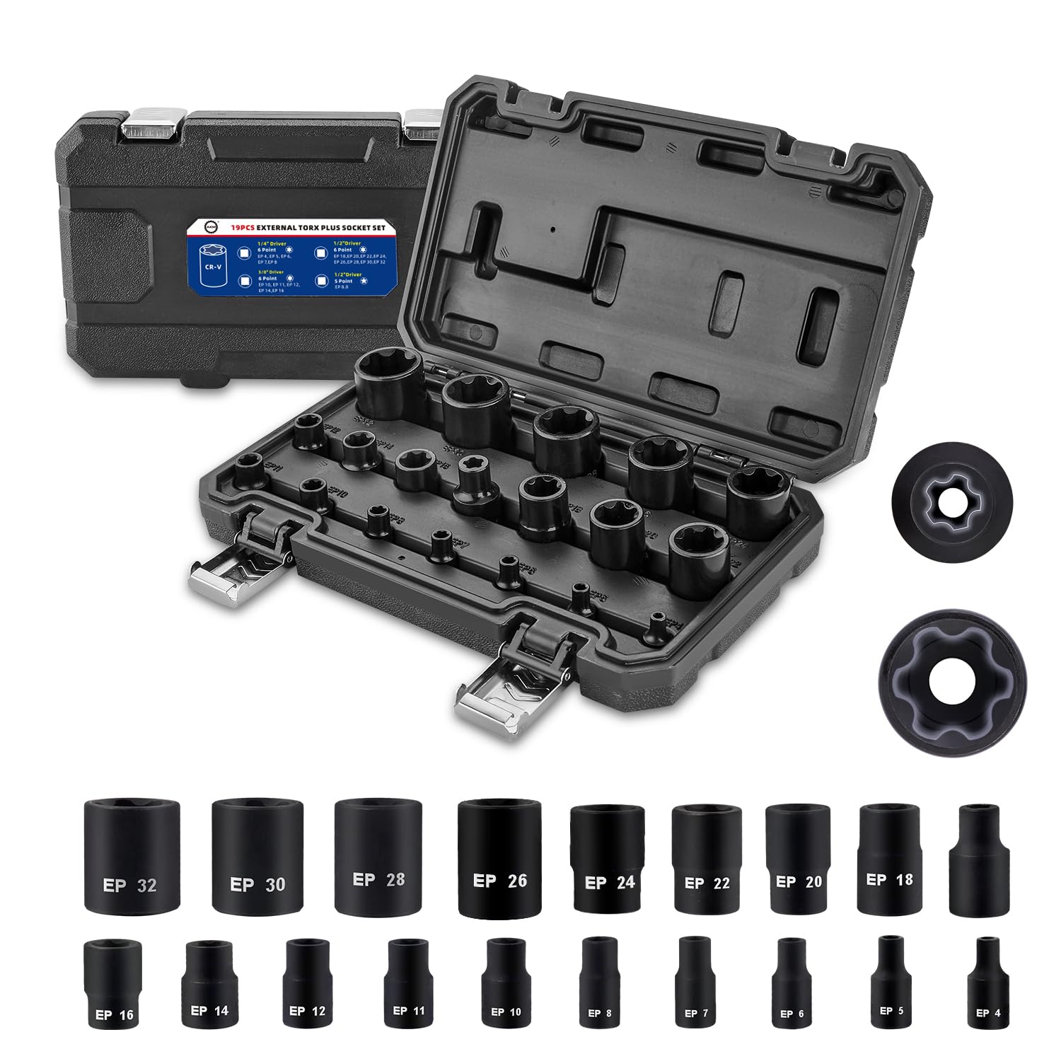 AKM 19PC External Torx Plus Socket Set,Female E-Torx Star Torque Socket Set,Cr-v steel EP4-32 with 1/2’’ 3/8’’ 1/4'' Drive, with High Impact Storage Case, Compatible with Tesla Battery Retainers