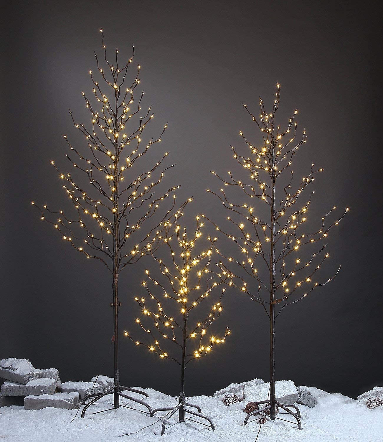 Lightshare Set of 3 Star Light Trees, Including 3 feet, 5 feet, and 6 feet, Warm White, Brown Branch