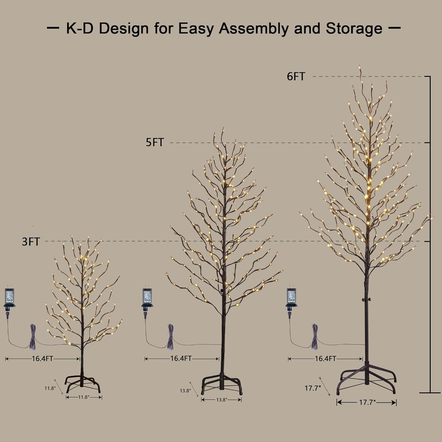 Lightshare Set of 3 Star Light Trees, Including 3 feet, 5 feet, and 6 feet, Warm White, Brown Branch