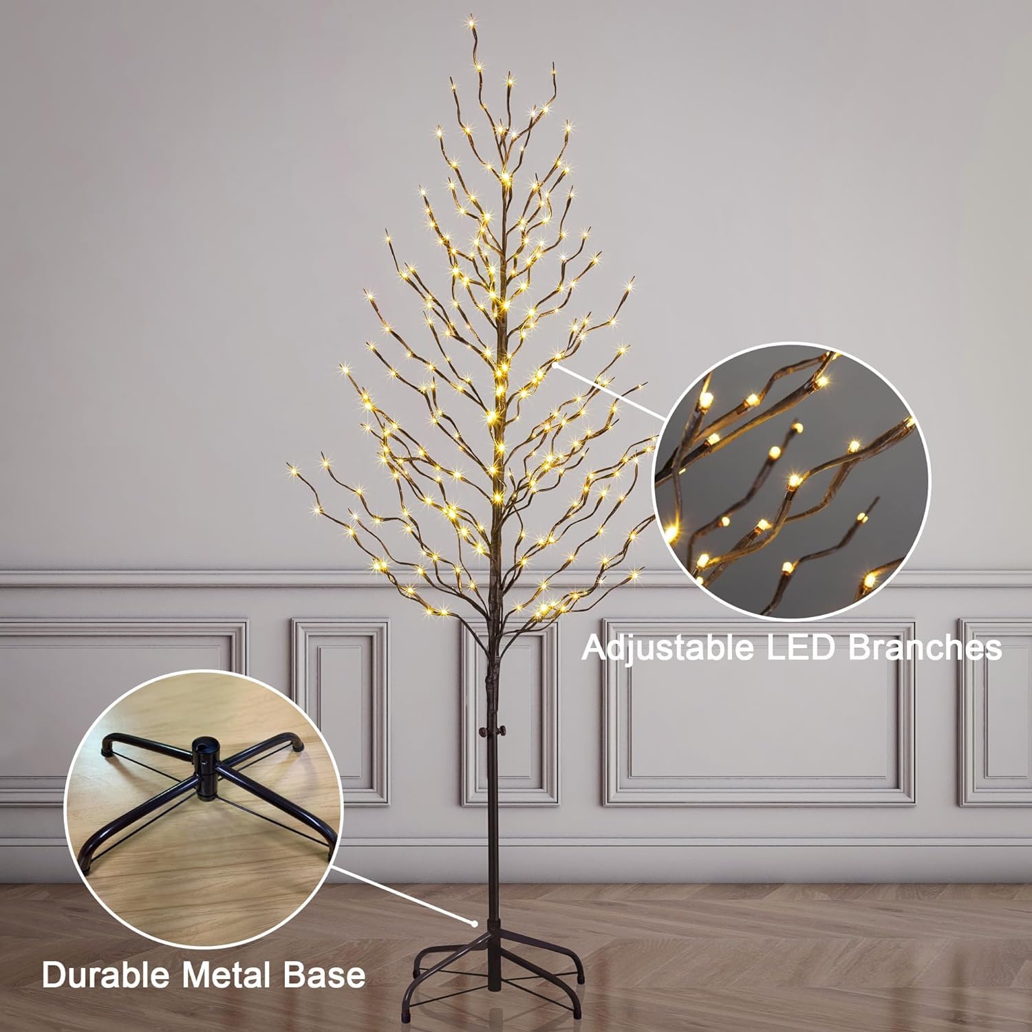 Lightshare Set of 3 Star Light Trees, Including 3 feet, 5 feet, and 6 feet, Warm White, Brown Branch