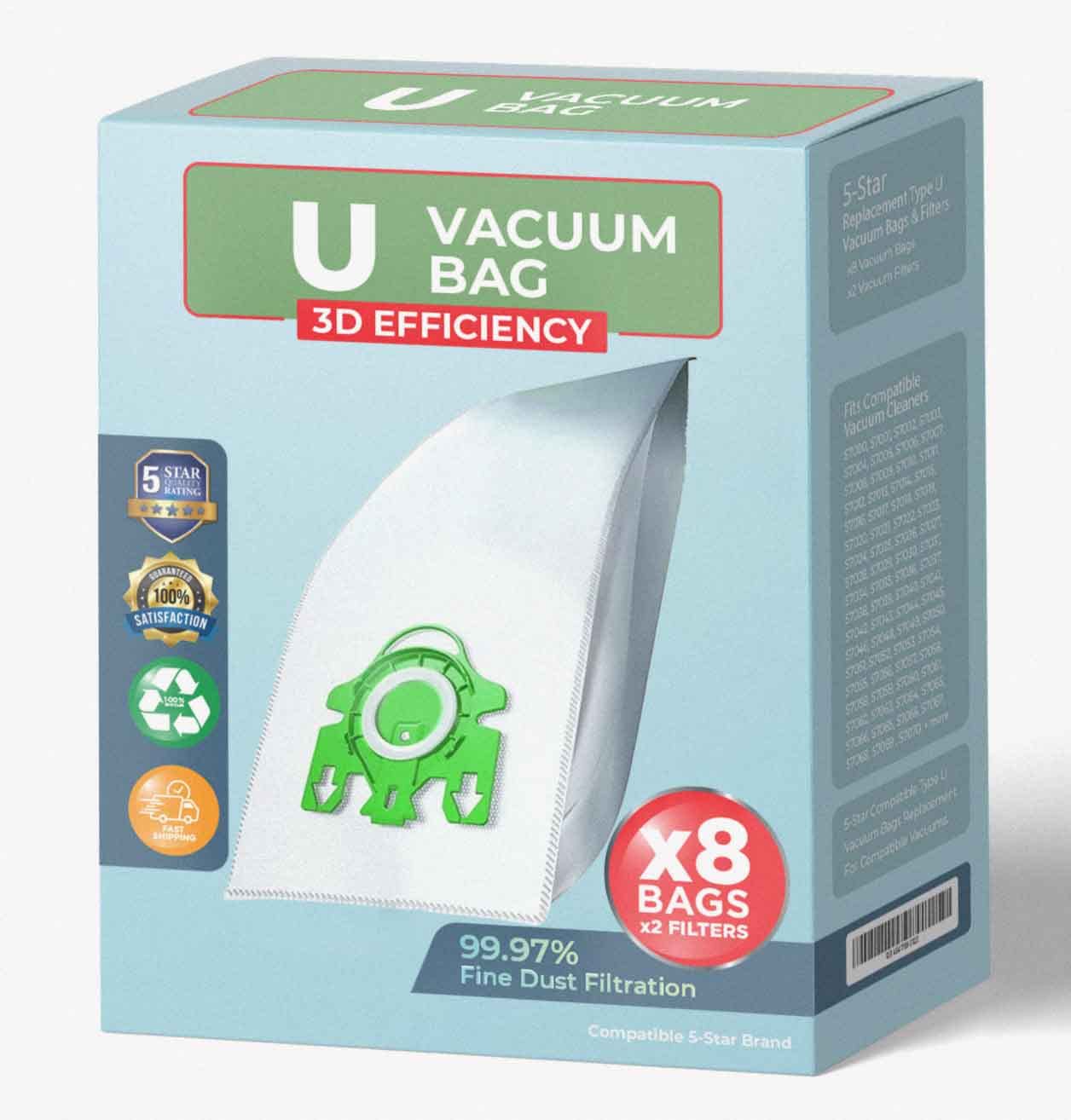 5-Star Compatible S7000-S7999 Upright and Dynamic U1 Series Upright AirClean 3D Efficiency Foil Seals 8 Packs Type U Vacuum Cleaner Bags, Include 1 Pre-Motor and 1 Post-Motor Filters.