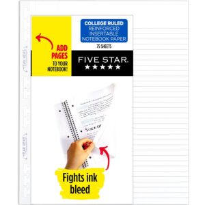 five star insertable loose leaf paper + study app, notebook paper, college ruled filler paper to add pages, reinforced, 8.5 x 11, 75 sheets (17022),white