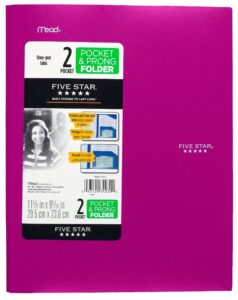 five star 2-pocket folder, stay-put folder, plastic colored folders with pockets & prong fasteners for 3-ring binders, for home school supplies & home office, 11” x 8-1/2”, pink/purple (72117)