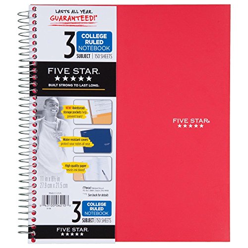 Five Star 06210 Wirebound 3-Subject Notebook, College Rule, 11 x 8 1/2, 150 Sheets, Assorted