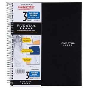 Five Star 06210 Wirebound 3-Subject Notebook, College Rule, 11 x 8 1/2, 150 Sheets, Assorted