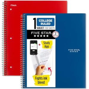 five star spiral notebooks + study app, 2 pack, 1 subject, college ruled paper, 100 sheets, 11" x 8-1/2", pacific blue, fire red (38452)