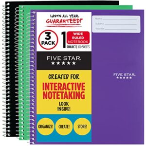 five star interactive notetaking, 1 subject, wide ruled spiral notebooks, 100 sheets, 11" x 8-1/2", 3 pack (38605)