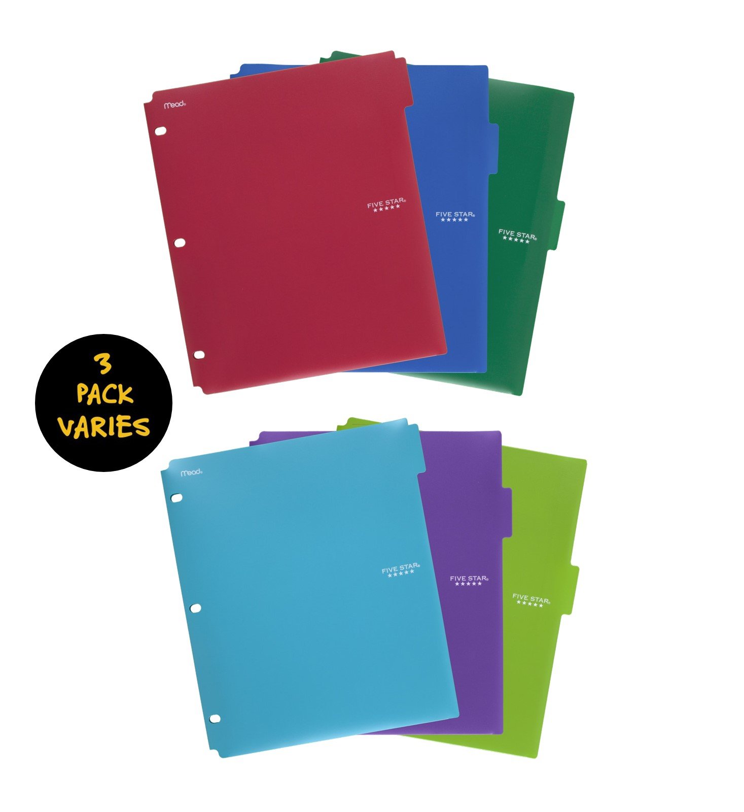 Five Star Binder Dividers, 2 Pocket, 3 Tabs, Color Selected For You, 3 Pack (20042)