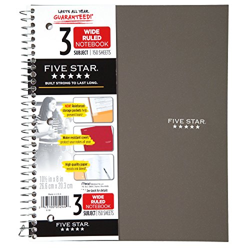 Five Star Spiral Notebooks, 3 Subject, Wide Ruled Paper, 150 Sheets, 10-1/2" x 8", Assorted Colors, 6 Pack (73449)