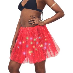 DRESBE Women's LED Skirt Light Up Star Tutus Glow Tulle Dance Skirts Party Rave Festival Christmas Halloween Clothes (Red)