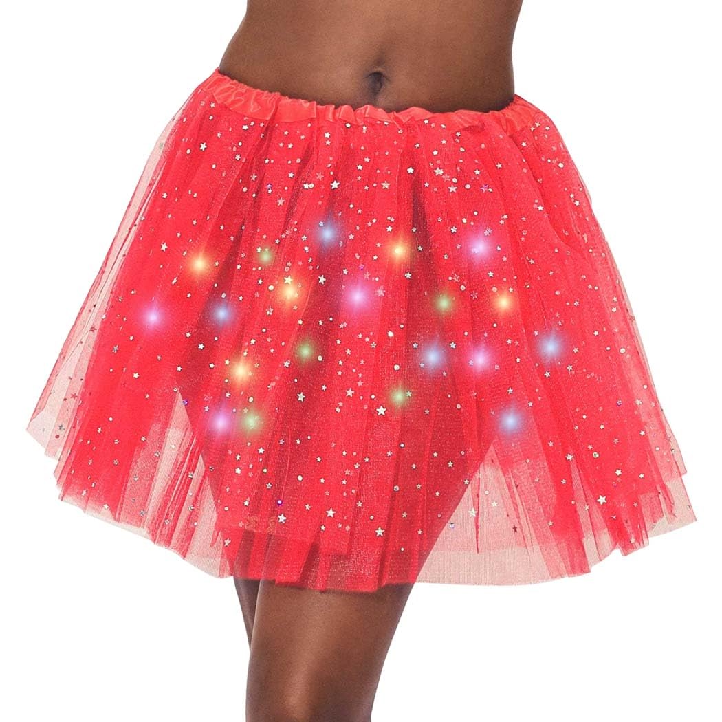 DRESBE Women's LED Skirt Light Up Star Tutus Glow Tulle Dance Skirts Party Rave Festival Christmas Halloween Clothes (Red)