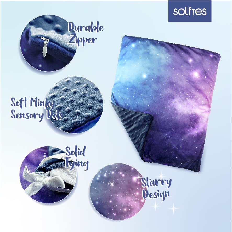 Solfres Small Weighted Lap Pad Blanket Throw for Kids Boys Teens 20in x 23in 5 Lbs - Sleep Therapy Plush Travel Size with Removable Cover, Galaxy Space Stars, Washable, Dark Blue