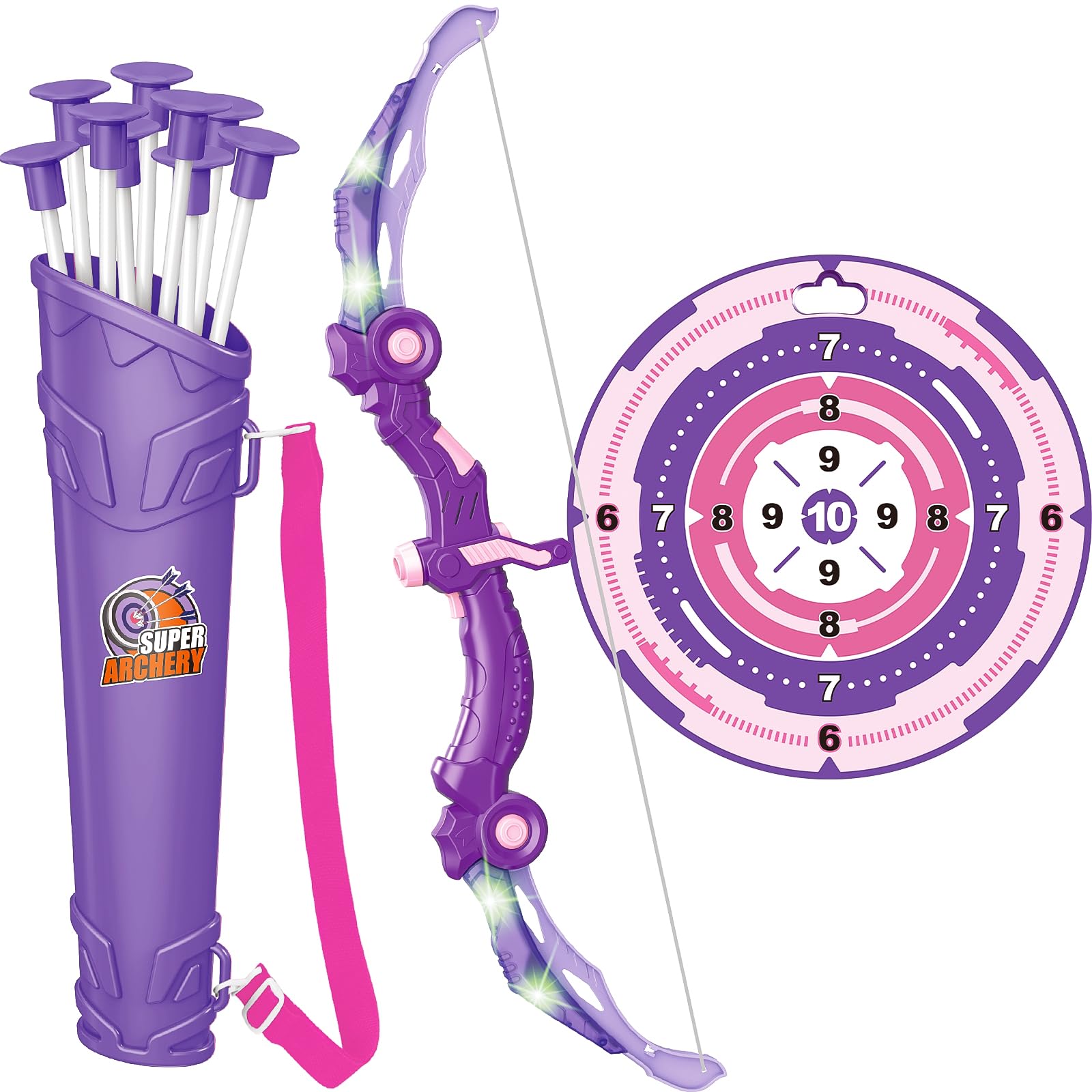 GMAOPHY Bow and Arrow Toys with LED Light Up Archery, for Girls 5 6 7 8 9 10 11 12 Year Old, Purple Indoor Outdoor Activity, Christmas Toy for Kids Girls Ages 6-8