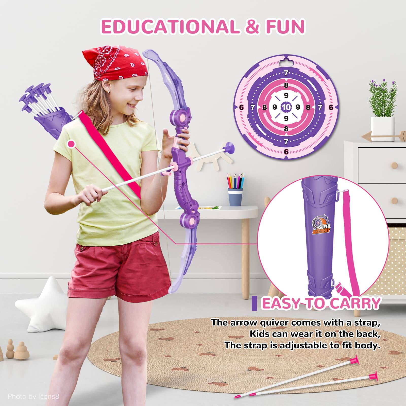 GMAOPHY Bow and Arrow Toys with LED Light Up Archery, for Girls 5 6 7 8 9 10 11 12 Year Old, Purple Indoor Outdoor Activity, Christmas Toy for Kids Girls Ages 6-8