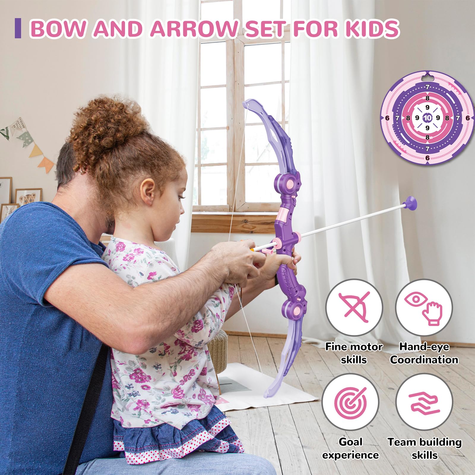 GMAOPHY Bow and Arrow Toys with LED Light Up Archery, for Girls 5 6 7 8 9 10 11 12 Year Old, Purple Indoor Outdoor Activity, Christmas Toy for Kids Girls Ages 6-8