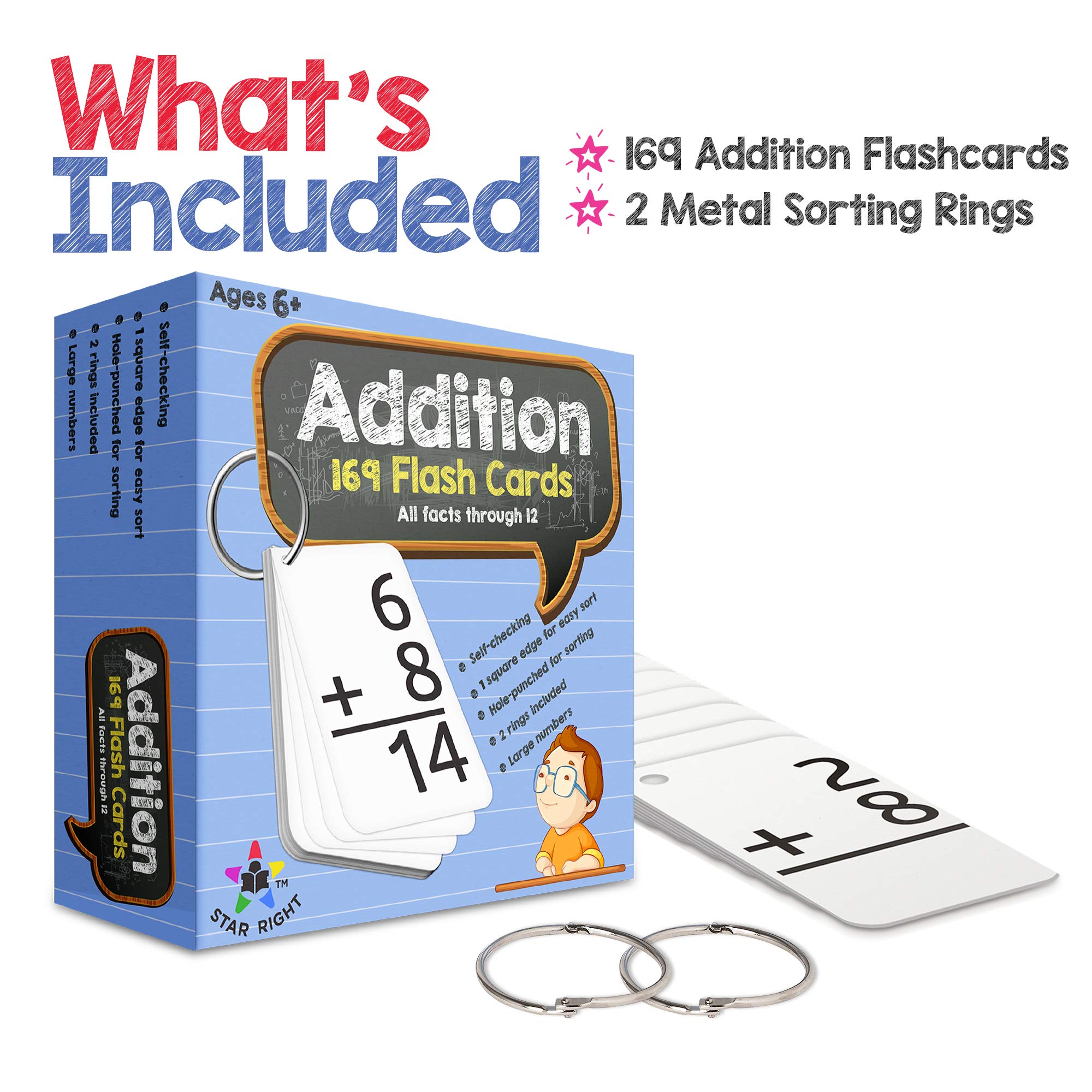 Star Right Education Addition Flash Cards, 0-12 (All Facts, 169 Cards) with 2 Rings - Addition Flashcards