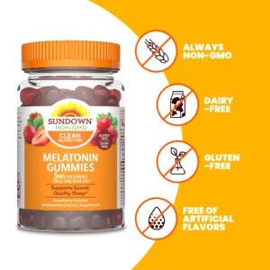 Sundown Melatonin 5mg Gummies for Sleep Support, Non-GMO, Dairy-Free, Gluten-Free, Natural Strawberry Flavor, 60 Count