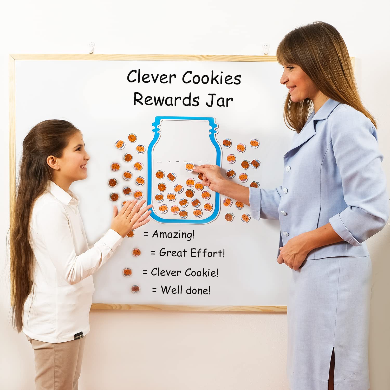 Simply magic 50+5 PCS Magnetic Clever Cookies Rewards Jar for Kids - Behavior Management Classroom Tools, Marble Jar Reward System for Classroom, Positive Behavior Reward Chart for Classroom