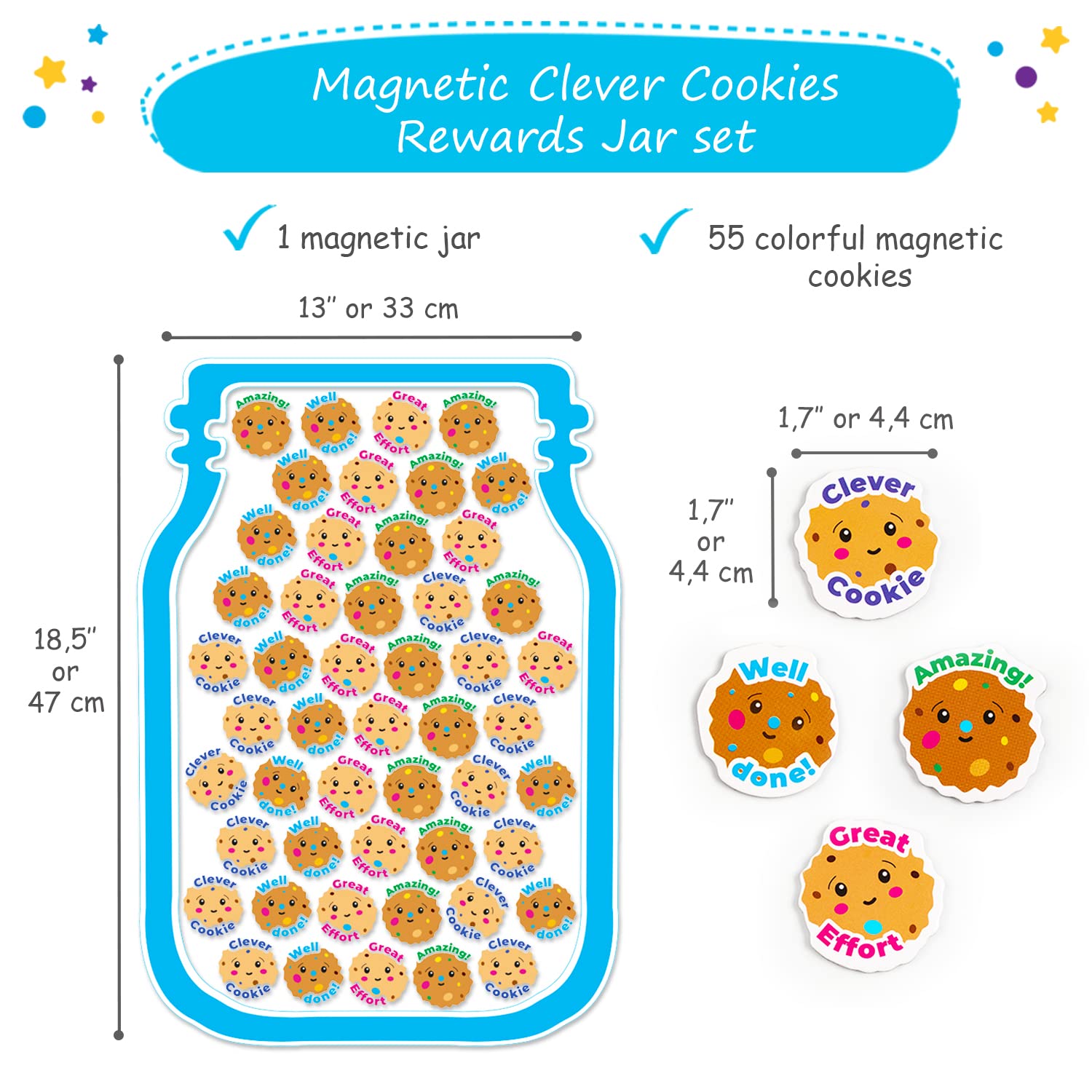 Simply magic 50+5 PCS Magnetic Clever Cookies Rewards Jar for Kids - Behavior Management Classroom Tools, Marble Jar Reward System for Classroom, Positive Behavior Reward Chart for Classroom