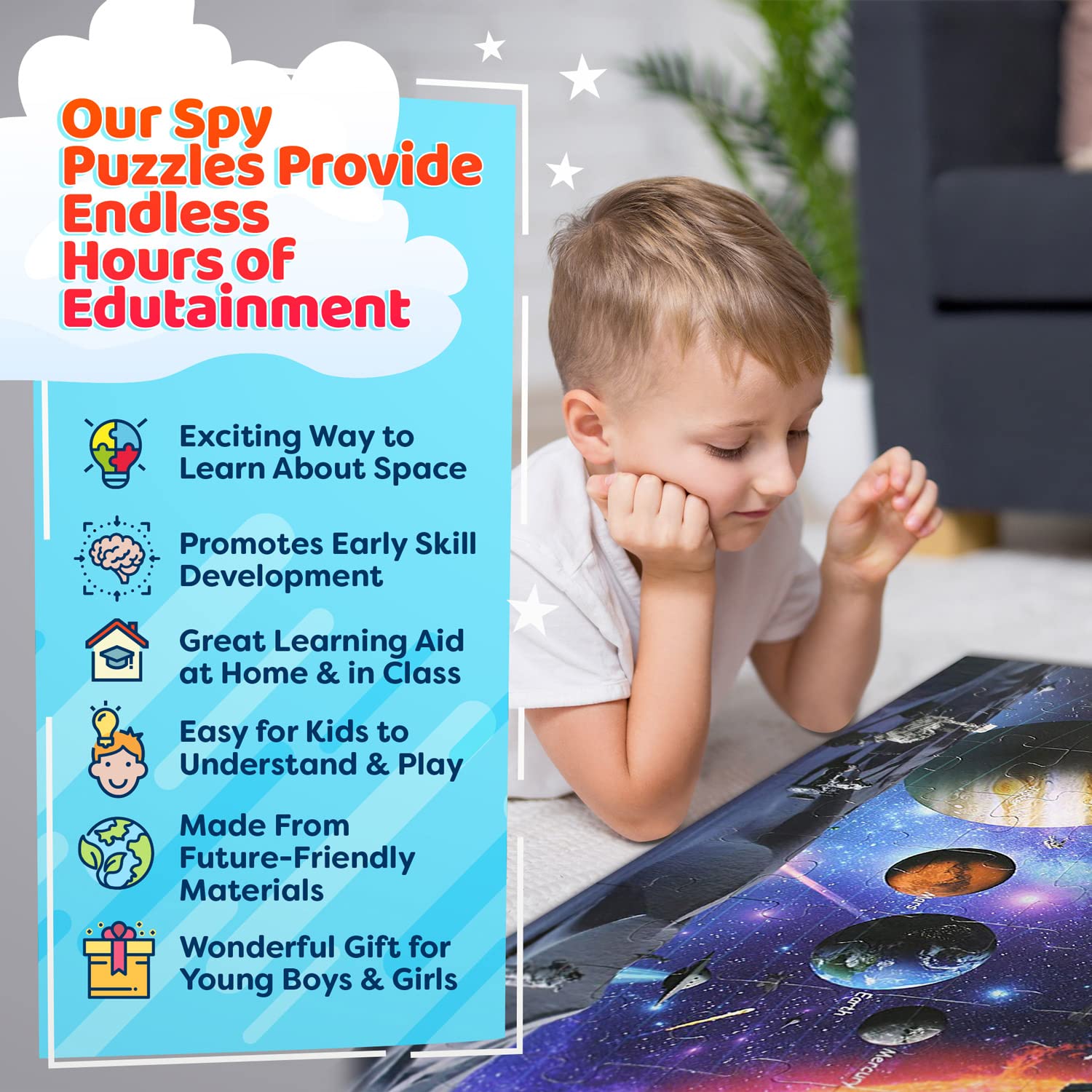 Solar System Spy Puzzle with Flashcards and Magnifying Glass 2ft x 3ft – Large 48 Piece Space Floor Puzzle for Kids Ages 4-8 Years Old- Kids Puzzles-Solar System for Kids-Boys and Girls 3,4,5,6,7,8…