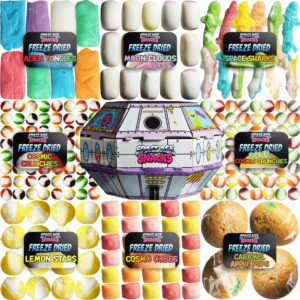ufo variety pack - 9 kinds of premium freeze dried candy - cosmic crunchies, moon clouds, space sharks, alien tongues, lemon stars and more - shipped in a ufo box with fun stickers (9 pack)