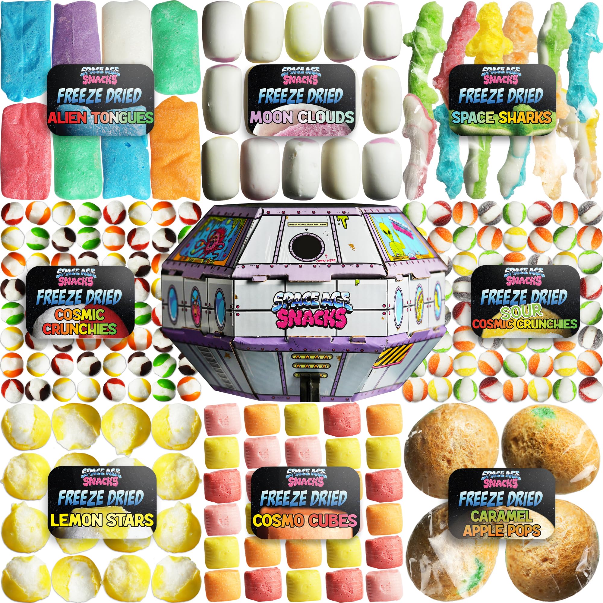 UFO Variety Pack - 9 Kinds of Premium Freeze Dried Candy - Cosmic Crunchies, Moon Clouds, Space Sharks, Alien Tongues, Lemon Stars and More - Shipped in a UFO Box with Fun Stickers (9 Pack)