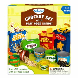 skillmatics pretend play grocery set - 10 containers, 100+ play food items for child's play, back-to-school play kitchen accessories, toy kitchen, fruits & veggies, gifts for kids & toddlers ages 3-7